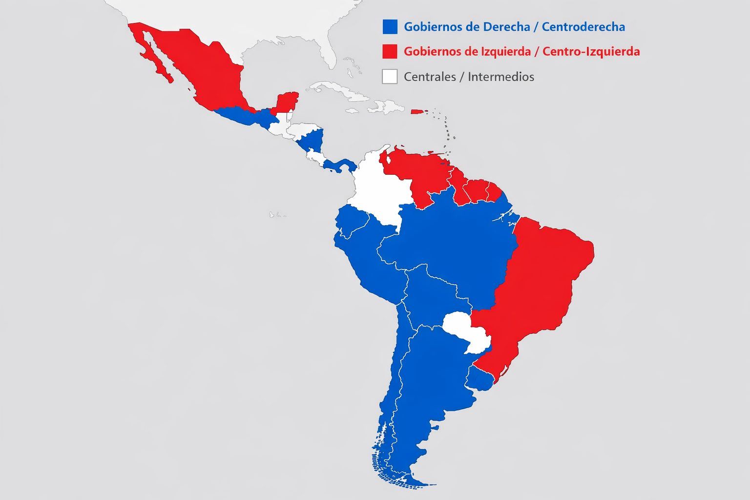 Mapa de América Latina con banderas y un contraste de colores que muestra el avance de partidos de derecha entre 2025 y 2026