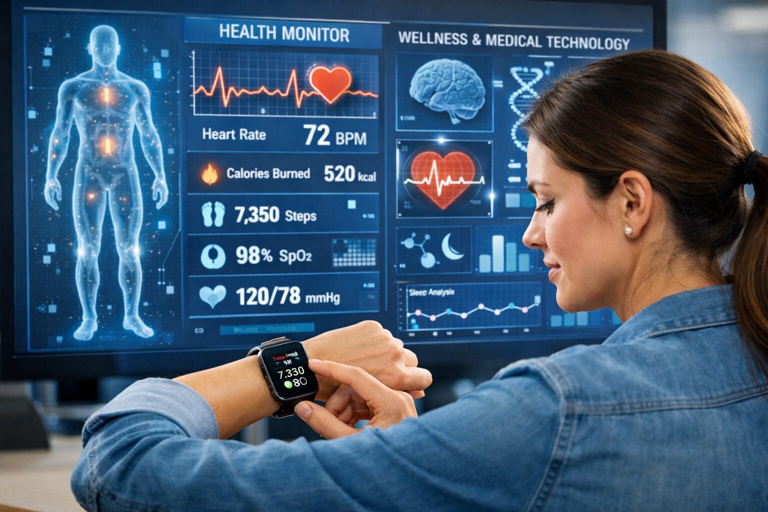 Mujer consulta en su reloj inteligente datos de salud mientras una pantalla muestra gráficos de bienestar y tecnología médica