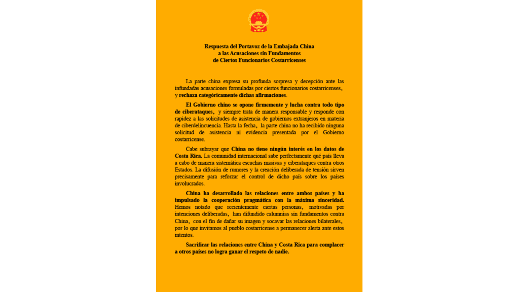 China rechaza acusaciones de funcionarios de Costa Rica