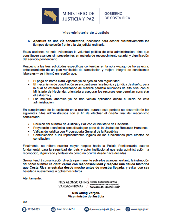 Oficio oficial del Viceministerio de Justicia dirigido a la Policía Penitenciaria sobre la deuda de horas extra