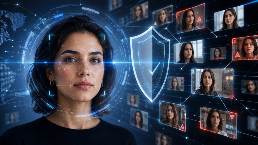 Ilustración conceptual de la herramienta de detección de likeness con IA de YouTube, que permite a usuarios adultos escanear su rostro, buscar posibles videos deepfake y solicitar su retiro