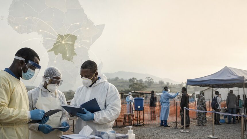 Ilustración sobre la declaración de la OMS que eleva el brote de ébola en la República Democrática del Congo a emergencia de salud pública internacional, con personal sanitario, vigilancia epidemiológica y coordinación regional.