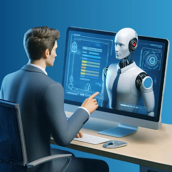 Persona emprendedora crea el sitio web de su negocio en una computadora usando la herramienta gratuita de Inteligencia Artificial para mipymes del MEIC y Kolau