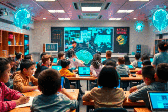Niños aprenden a leer con inteligencia artificial en aula moderna.