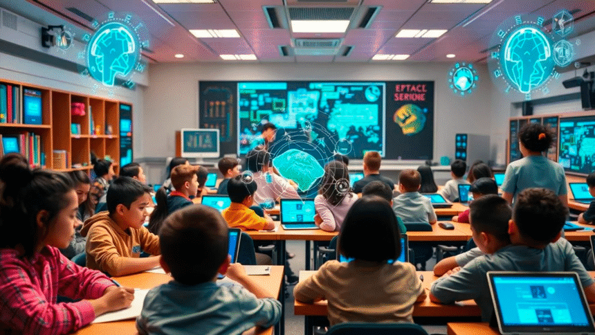 Niños aprenden a leer con inteligencia artificial en aula moderna.