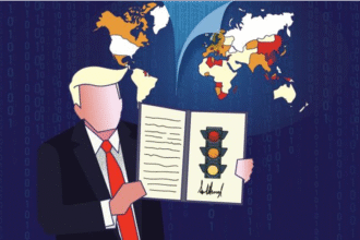 Ilustración de banderas y contenedores simbolizando la diplomacia arancelaria