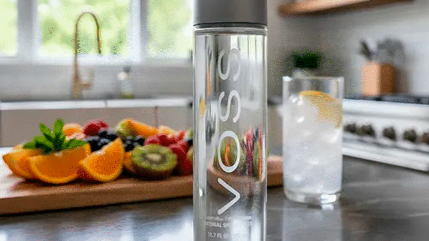 沃斯矿泉水瓶与挪威港口背景