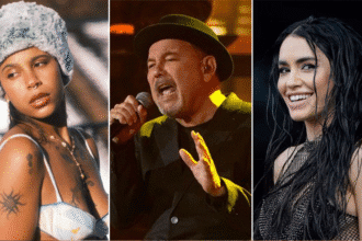 Artistas de música latina en un escenario iluminado representando la innovación de 2025