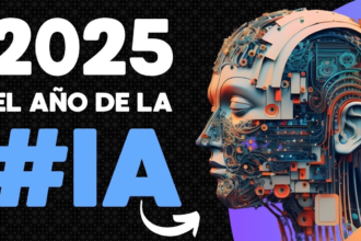 Ilustración de inteligencia artificial con un cerebro digital y personas usando computadoras y teléfonos en un entorno conectado