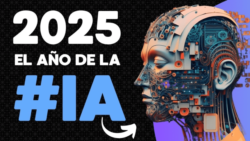 Ilustración de inteligencia artificial con un cerebro digital y personas usando computadoras y teléfonos en un entorno conectado