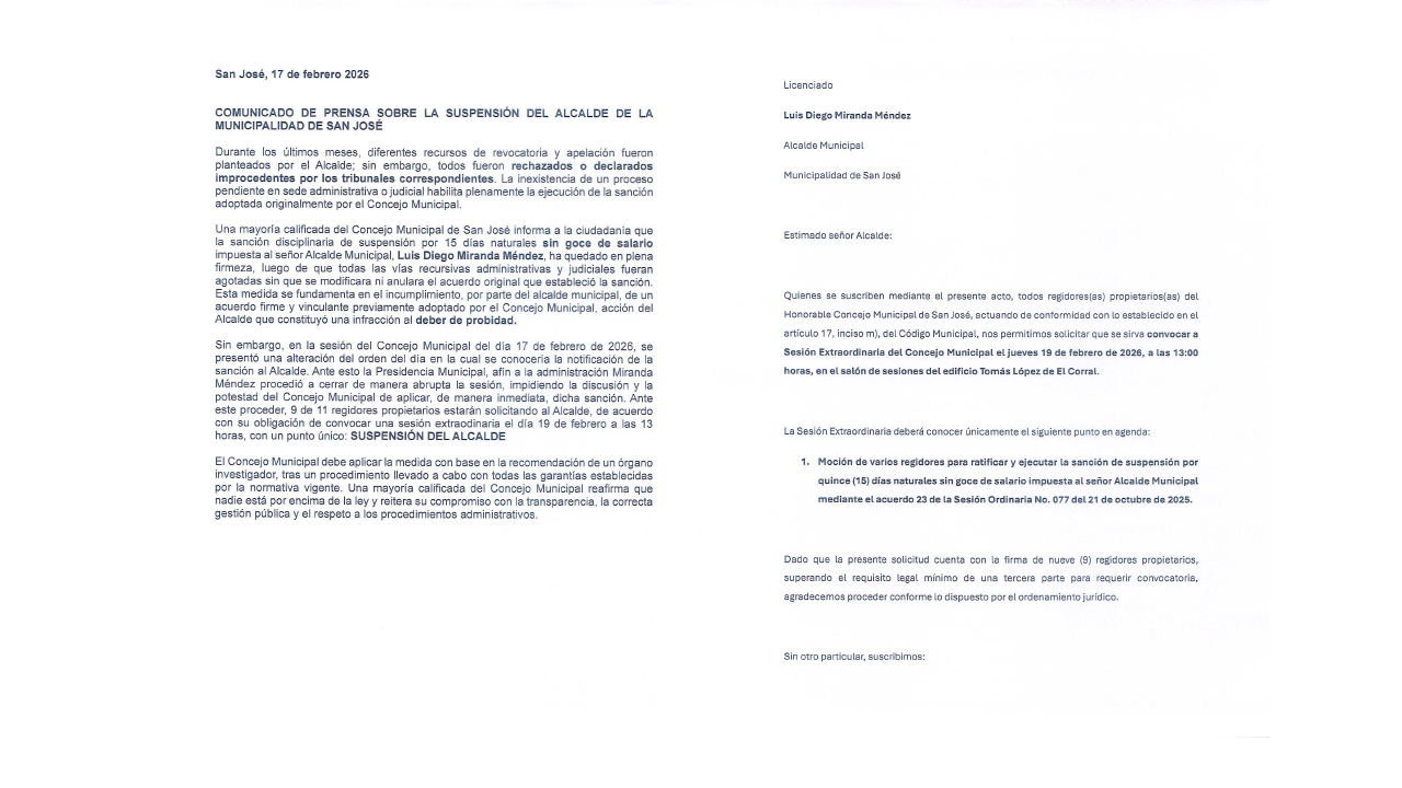 Querella firme impulsa suspensión del alcalde de San José