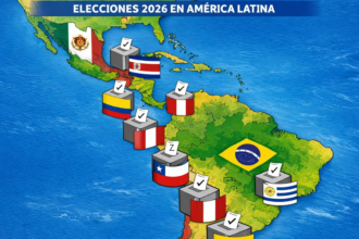 Mapa de América Latina con urnas y banderas de países