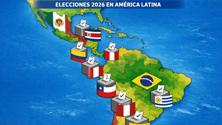Mapa de América Latina con urnas y banderas de países