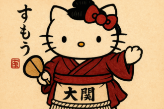 Embajadora del sumo Hello Kitty en kimono durante anuncio en Londres.