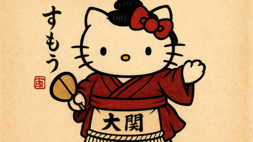 Embajadora del sumo Hello Kitty en kimono durante anuncio en Londres.