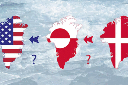 Mapa del Ártico resaltando Groenlandia junto a las banderas de Estados Unidos y Dinamarca
