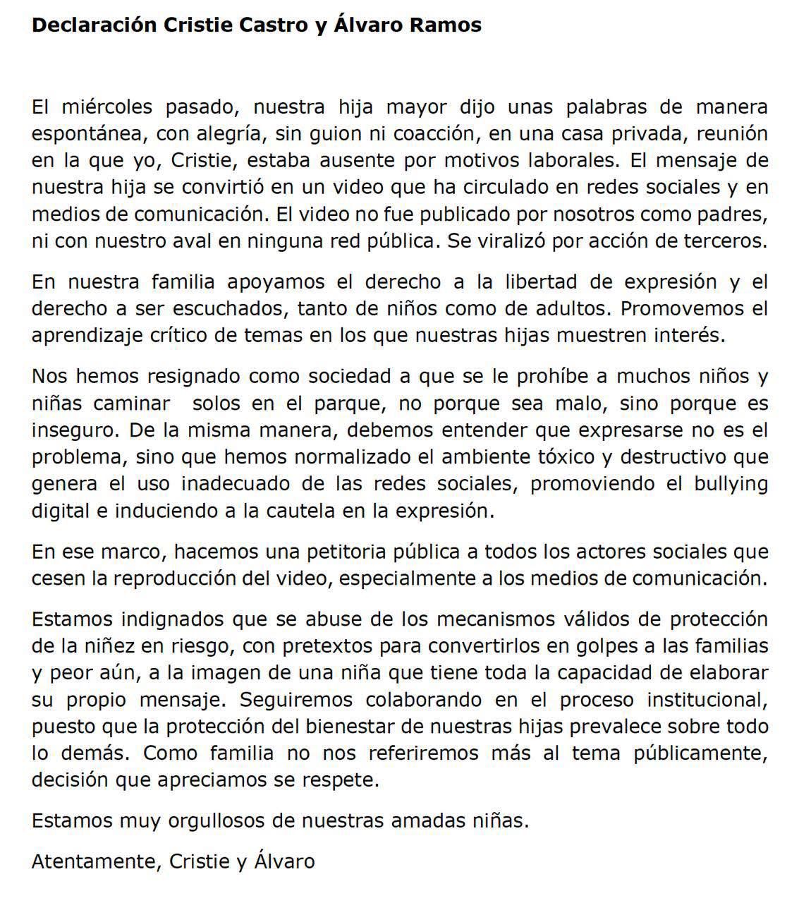 Acción del PANI por video de hija de Álvaro Ramos