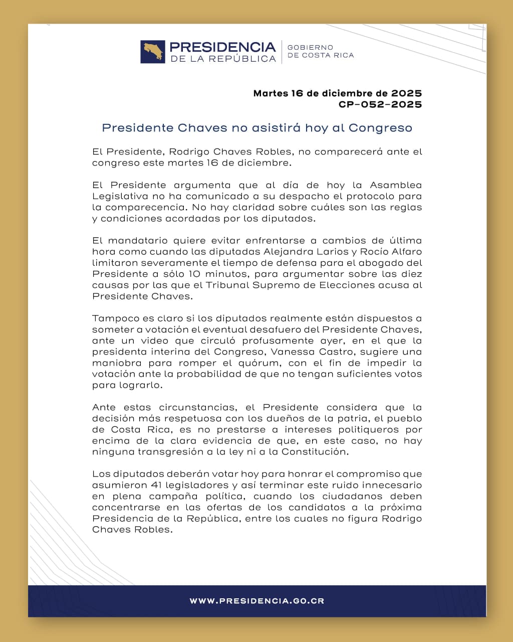 Comunicado oficial sobre Chaves no asistirá al Congreso
