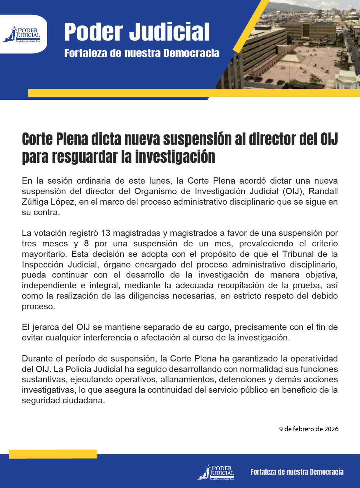 suspensión, Randall Zúñiga, OIJ, Corte Plena, Poder Judicial, Inspección Judicial, proceso disciplinario, seguridad ciudadana, Estado de derecho, Costa Rica