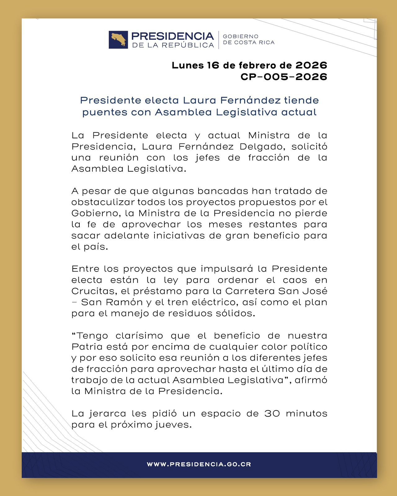 Laura Fernández busca acuerdos con diputados