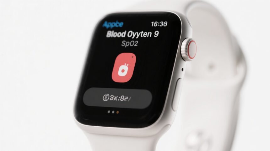 Apple Watch Series 9 mostrando la app de oxígeno en sangre SpO₂ en su pantalla.