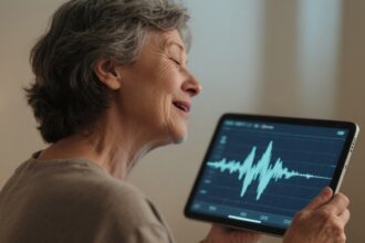 Mujer escuchando con emoción una grabación de voz restaurada mediante inteligencia artificial.