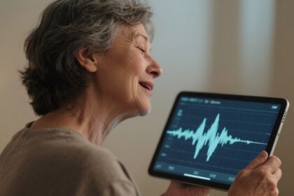 Mujer escuchando con emoción una grabación de voz restaurada mediante inteligencia artificial.