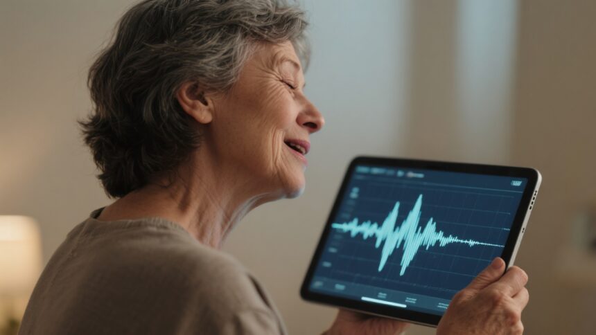 Mujer escuchando con emoción una grabación de voz restaurada mediante inteligencia artificial.