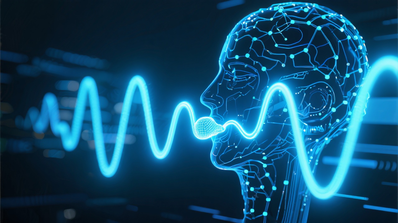 Ilustración futurista de ondas sonoras y redes neuronales que simbolizan la síntesis de voz con inteligencia artificial.