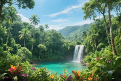 Immerse yourself in the breathtaking natural beauty of Costa Rica! This lush tropical rainforest, with its hidden cascading waterfall, is the epitome of this Central American gem. Imagine the warm morning sun and the fragrant, humid air