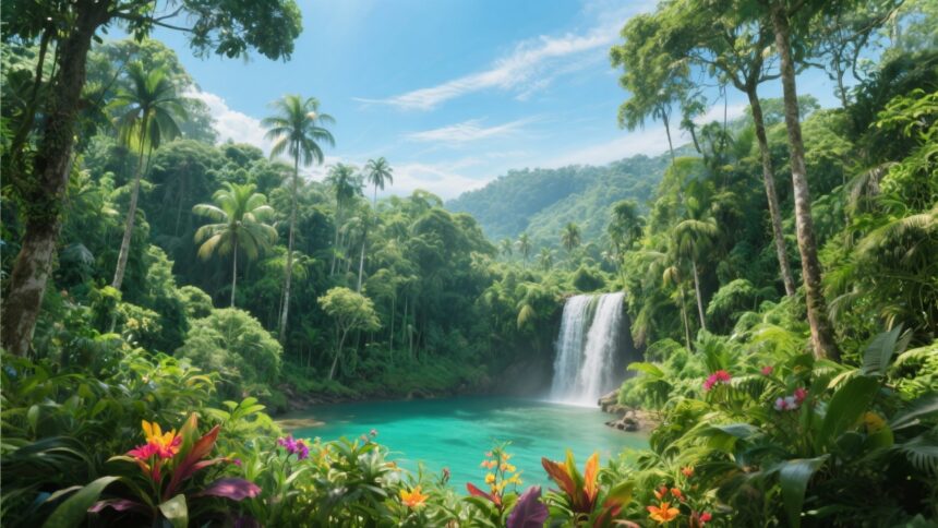 Immerse yourself in the breathtaking natural beauty of Costa Rica! This lush tropical rainforest, with its hidden cascading waterfall, is the epitome of this Central American gem. Imagine the warm morning sun and the fragrant, humid air