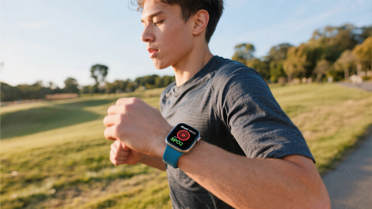Persona joven corriendo al aire libre revisando la app de oxígeno en sangre en su Apple Watch Ultra 2.