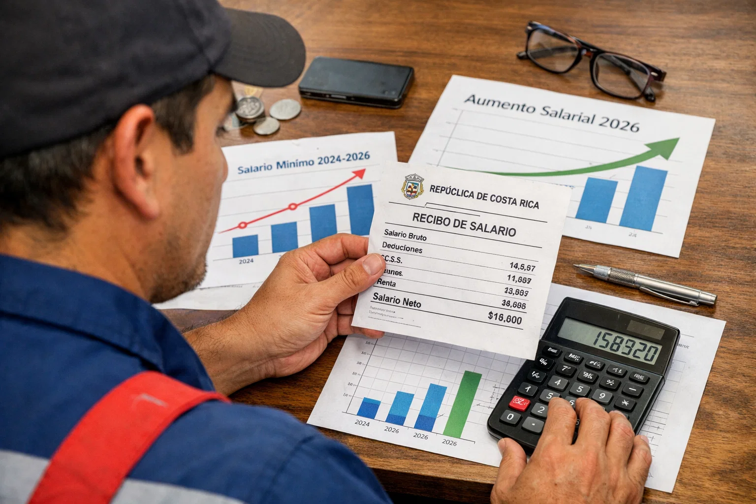 Trabajador costarricense revisa su recibo de salario junto a una calculadora y gráficos económicos que reflejan un aumento moderado del salario mínimo en 2026