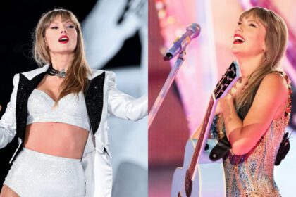 Taylor Swift en el escenario, luciendo uno de sus icónicos vestuarios, rodeada de luces y público emocionado.