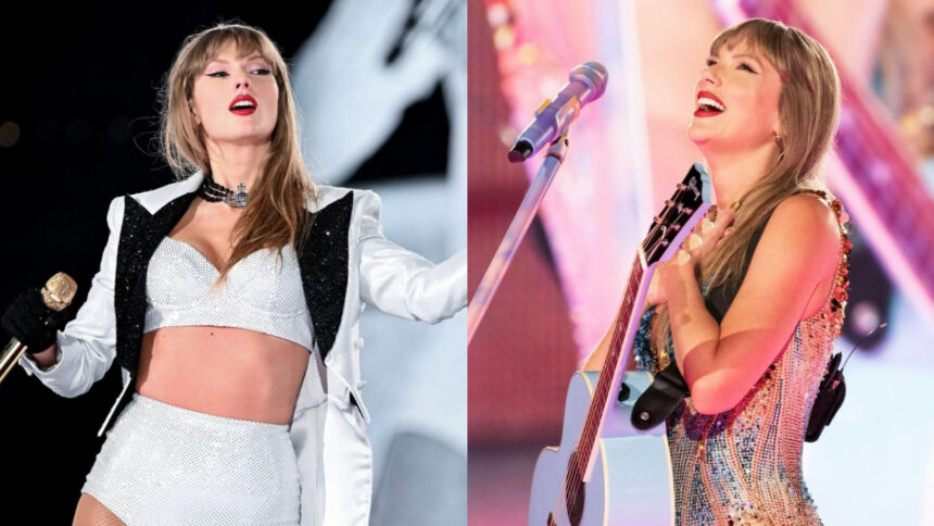 Taylor Swift en el escenario, luciendo uno de sus icónicos vestuarios, rodeada de luces y público emocionado.